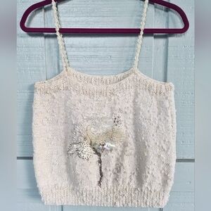 Cream Beaded Floral Knit Camisole Tank Top